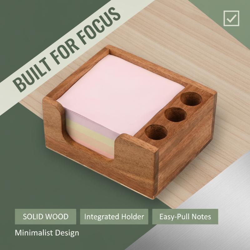 Sticky Memo Holder - Wooden Desk Organizer With 3 Pen