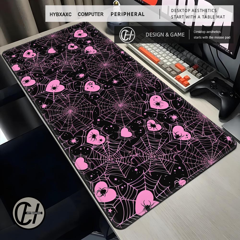 Desk Setup Office - 90x40 White or Pink Spiderweb Hearts